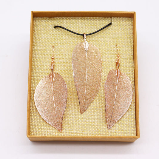 Bravery Leaf Necklace & Earring Set - Pink Gold Real Leaf Gift Set