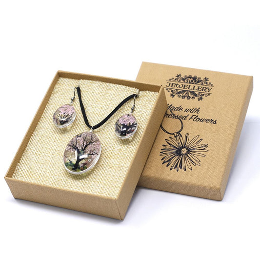 Pressed Flowers Tree of Life Earrings - Pink Real Flowers