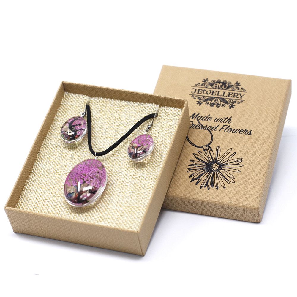 Pressed Flowers Tree of Life Earrings - Bright Pink Real Flowers