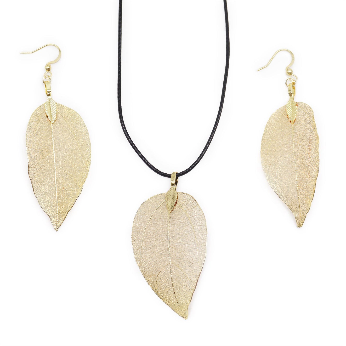 Bravery Leaf Necklace & Earring Set - Gold Real Leaf Gift Set
