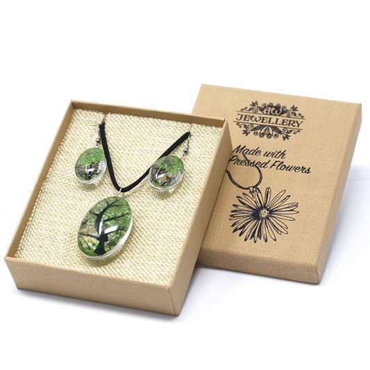 Pressed Flowers Tree of Life Earrings - Green Real Flowers