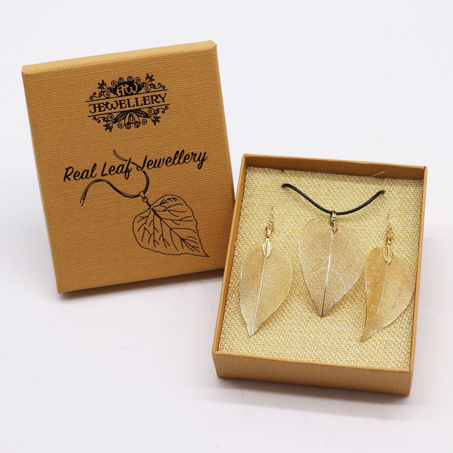 Bravery Leaf Necklace & Earring Set - Gold Real Leaf Gift Set