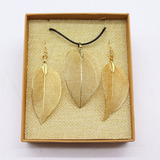 Bravery Leaf Necklace & Earring Set - Gold Real Leaf Gift Set