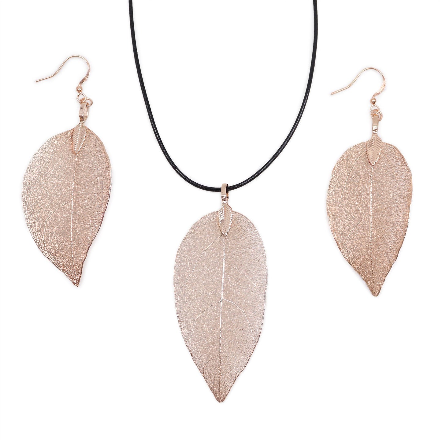 Bravery Leaf Necklace & Earring Set - Pink Gold Real Leaf Gift Set