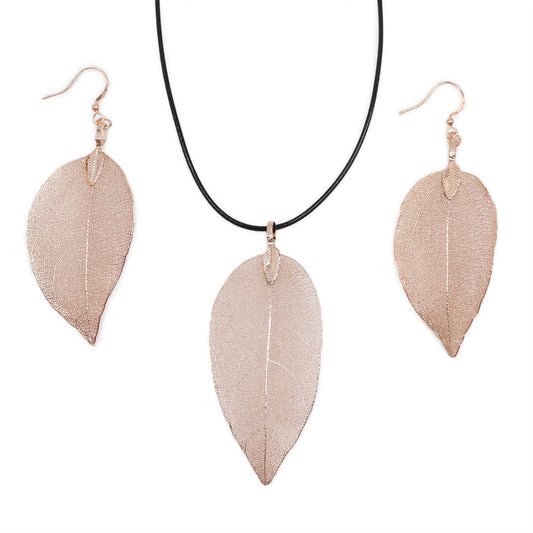 Bravery Leaf Necklace & Earring Set - Pink Gold Real Leaf Gift Set