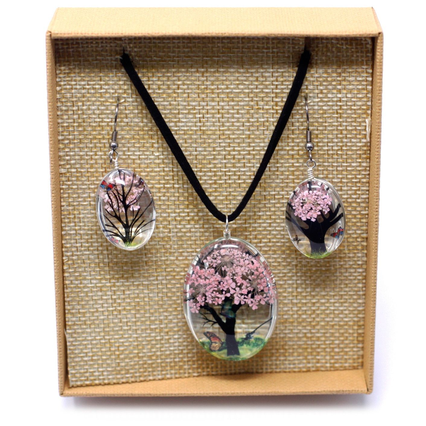 Pressed Flowers Tree of Life Earrings - Pink Real Flowers