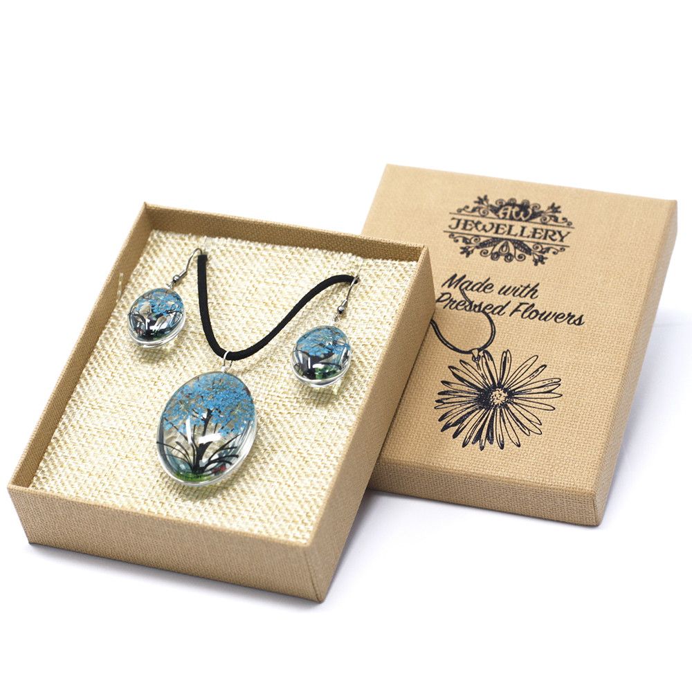 Pressed Flowers Tree of Life Earrings - Teal Real Flowers
