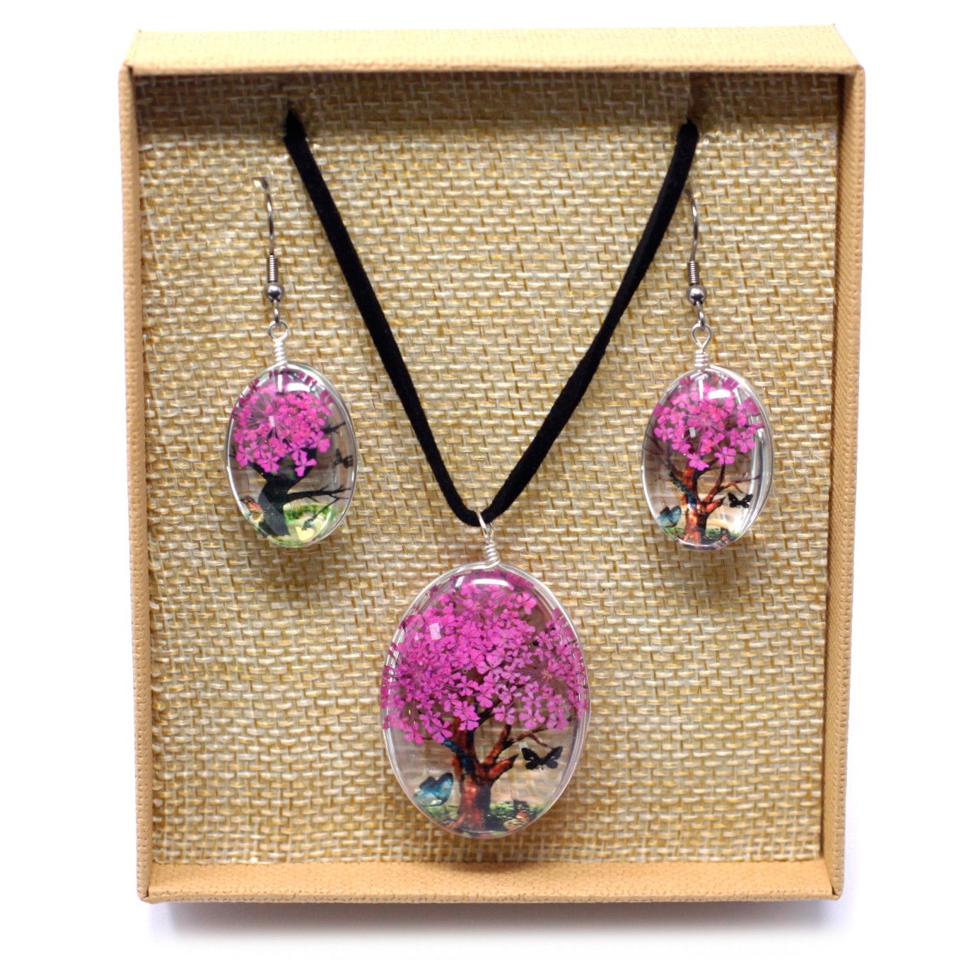 Pressed Flowers Tree of Life Earrings - Bright Pink Real Flowers