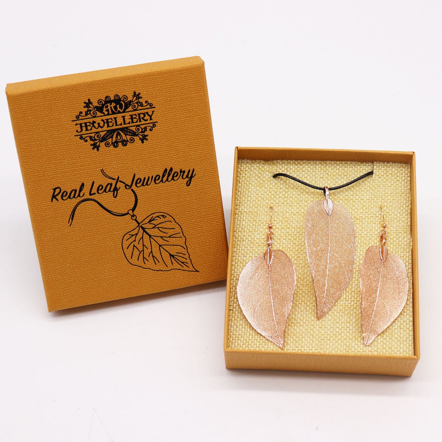 Bravery Leaf Necklace & Earring Set - Pink Gold Real Leaf Gift Set