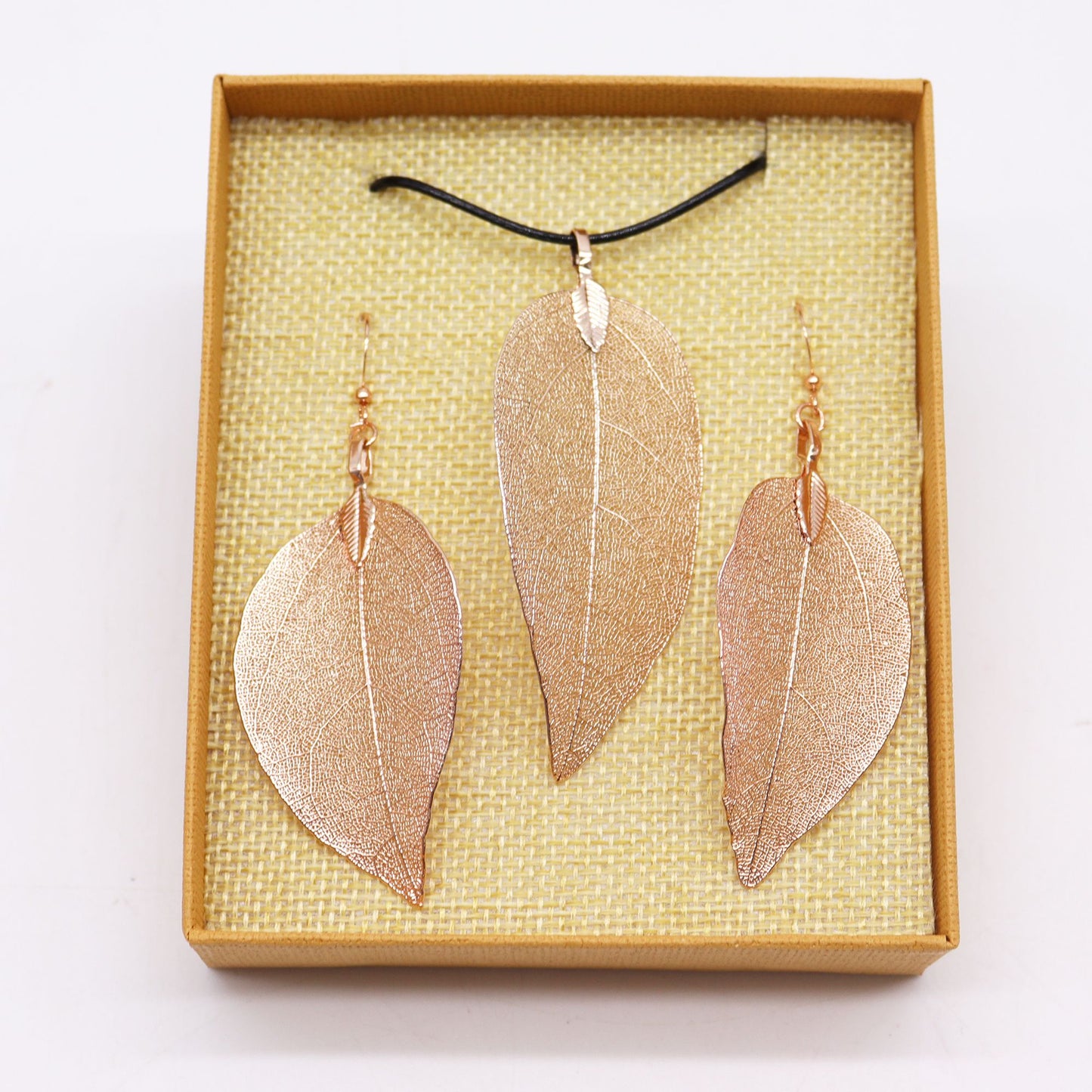 Bravery Leaf Necklace & Earring Set - Pink Gold Real Leaf Gift Set