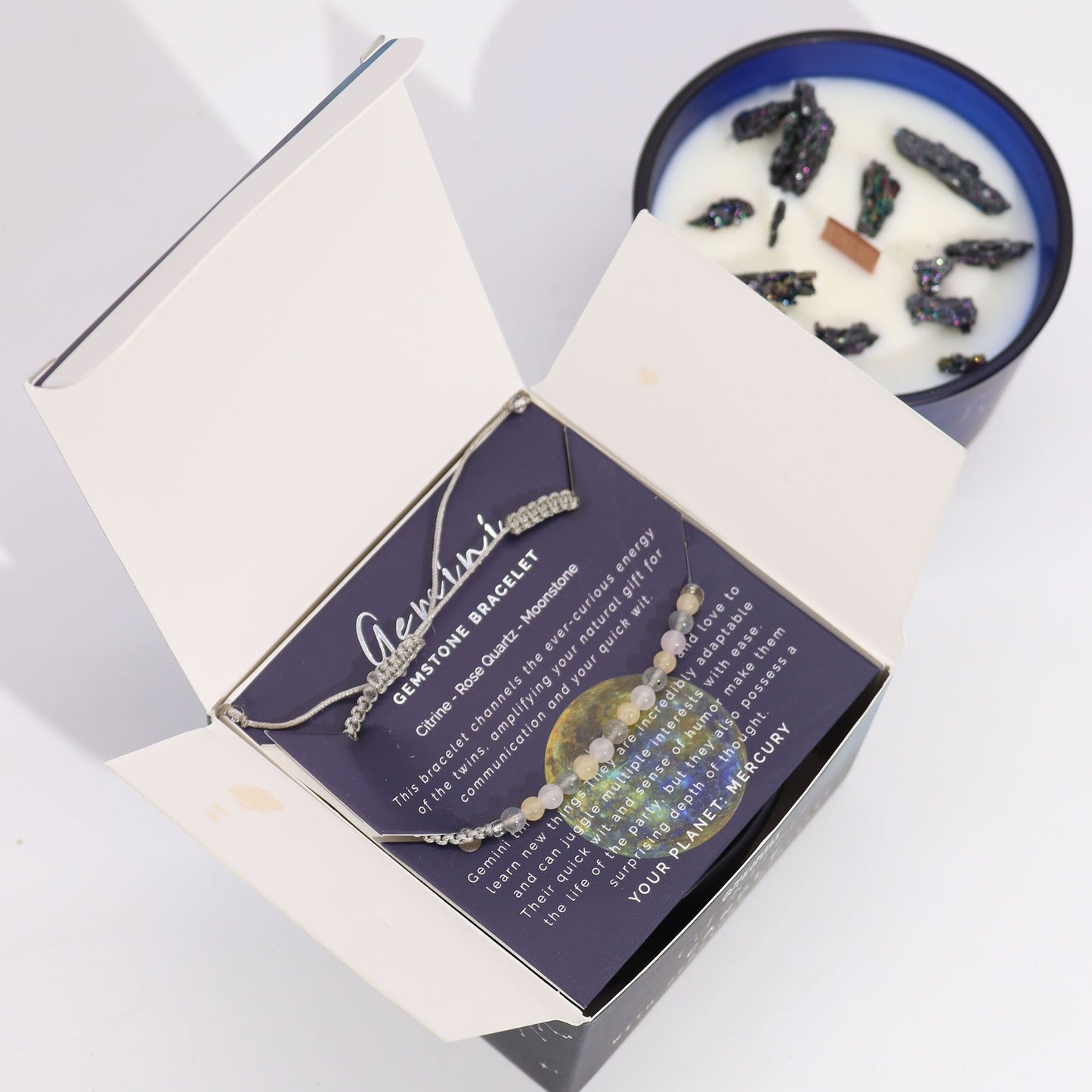 Zodiako krištolinė žvakė su brangakmenių apyranke - Dvyniai