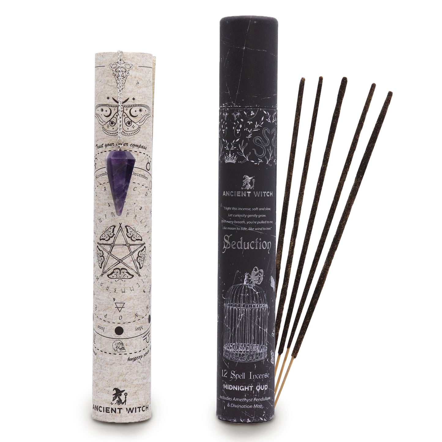 Ancient Witch Seduction incense with amethyst pendulum and Midnight Oud aroma in gothic packaging