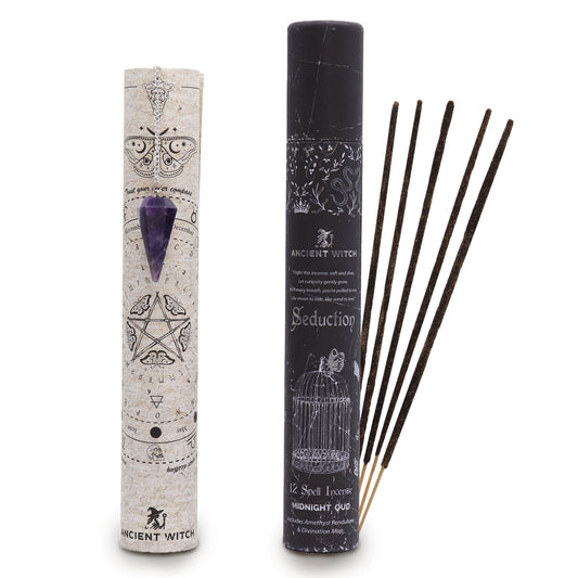 Ancient Witch Seduction incense with amethyst pendulum and Midnight Oud aroma in gothic packaging